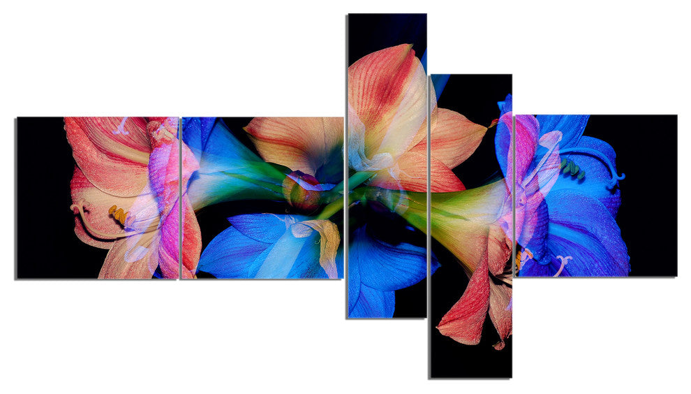 Abstract Blue Red Flower on Black, Large Floral Wall Art, 60"x32", 5 panels