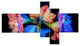 Abstract Blue Red Flower on Black, Large Floral Wall Art, 60"x32", 5 panels