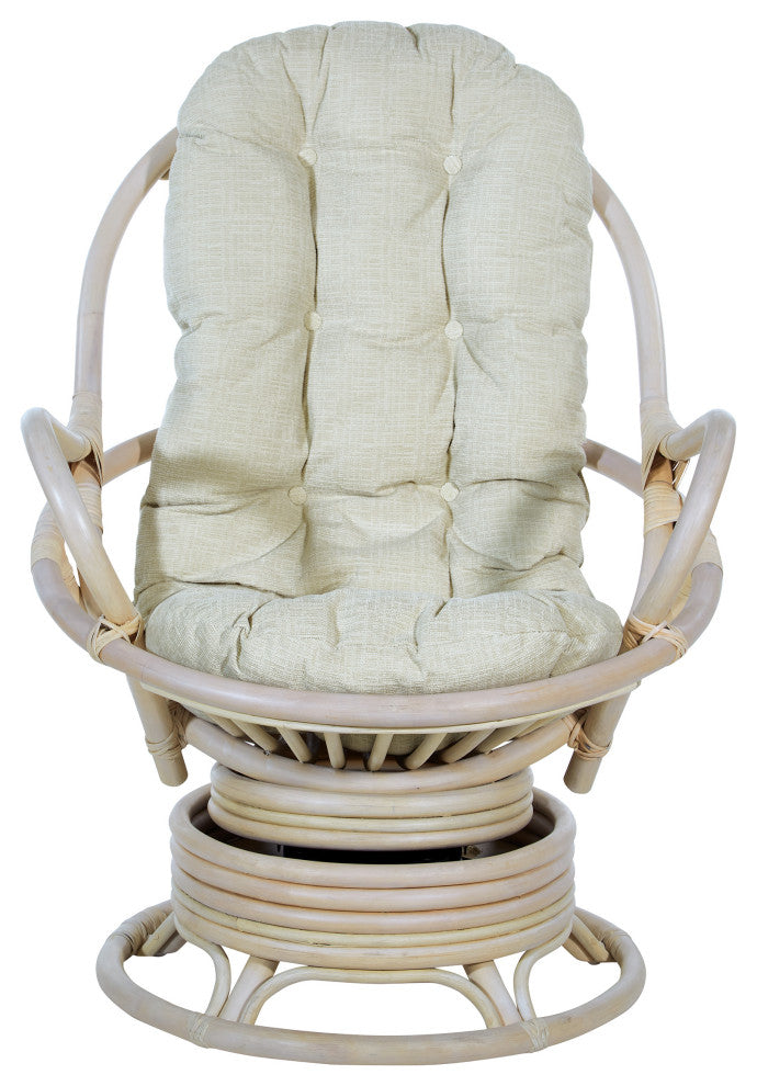 Lanai Rattan Swivel Rocker Chair, Linen Fabric With White Wash Frame
