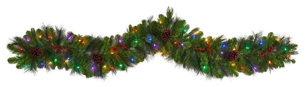 6' Colorado Fir Faux Xmas Garland W/Multicolored LED Lights, Berries & Pinecones