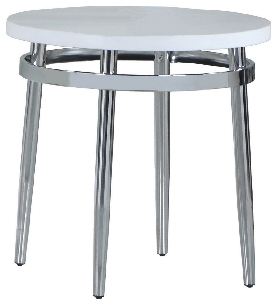 Benzara BM242057 Round Faux Marble Top End Table With Metal Tubular Legs, White