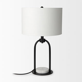 Sarah Arched Black Metal With Marble Cube and White Shade Table Lamp