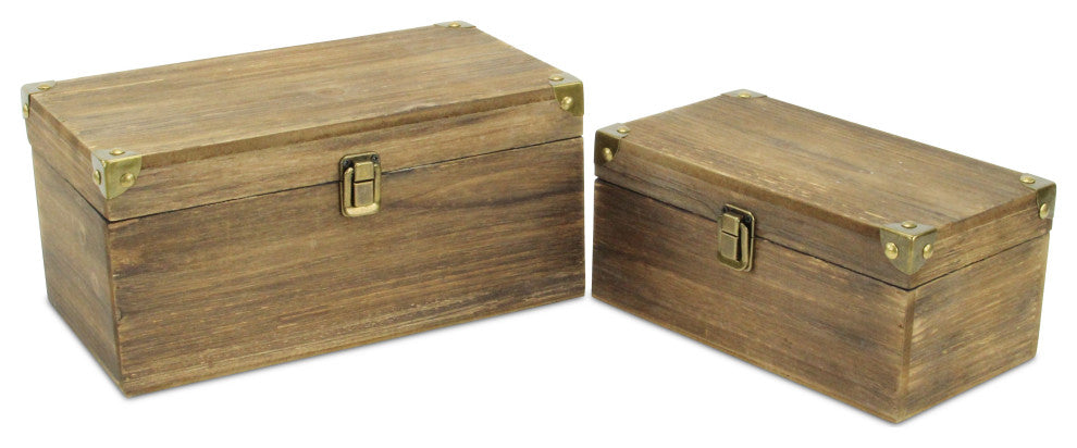 Set of 2 Brown Wood Box With Bronze Corner Accent