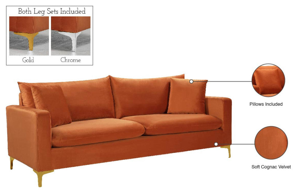 Naomi Velvet Upholstered Sofa, Cognac