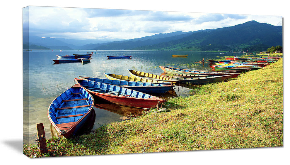 Color Boats in Phewa Lake, Boat Canvas Art Print, 32"x16"