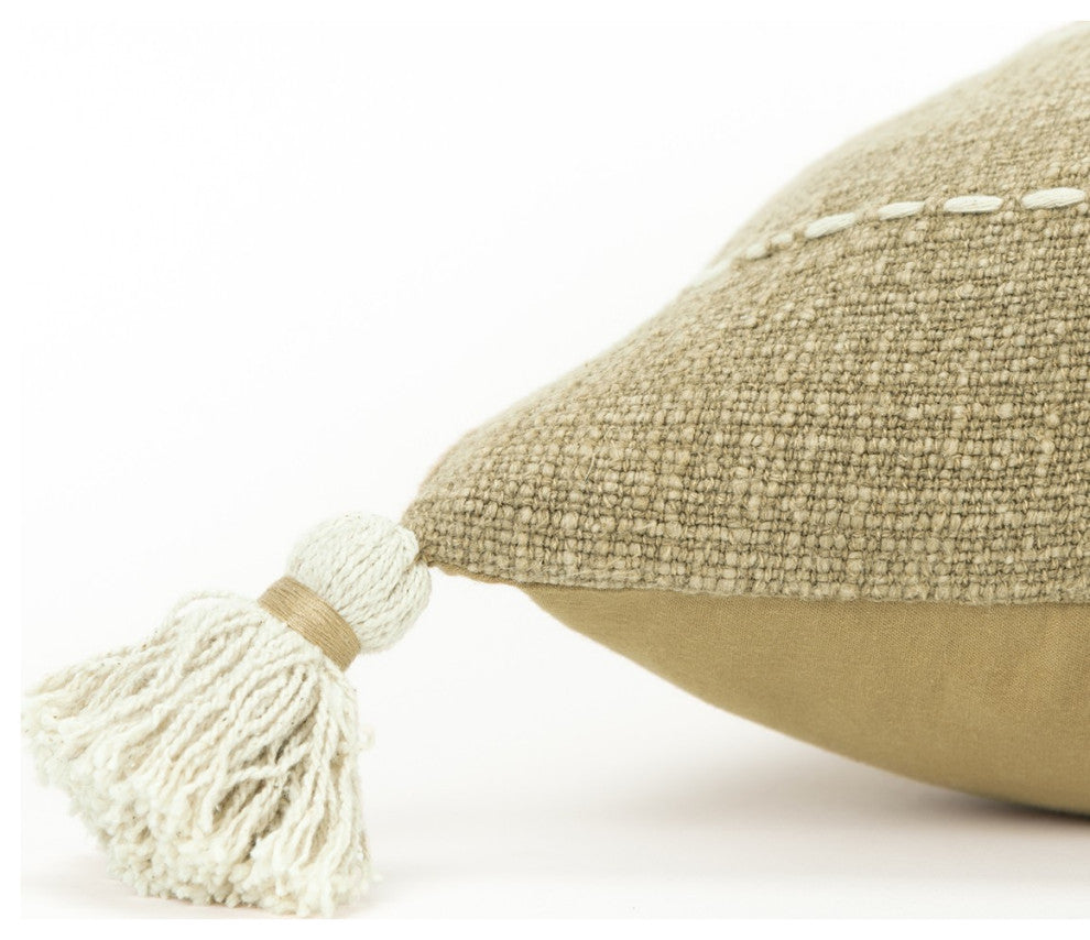 Khaki Cream Kantha Stitch Tasseled Throw Pillow