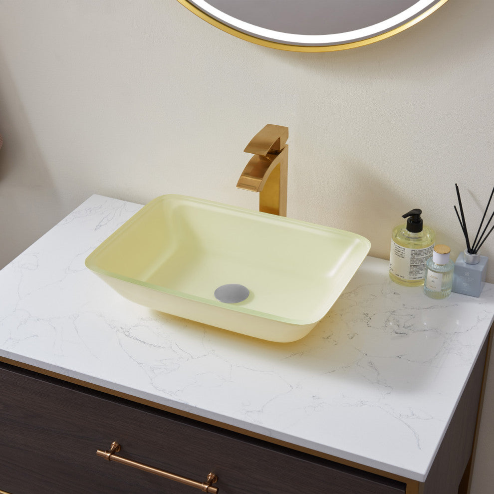 Glass Rectangular Vessel Bathroom Sink without Faucet, Matte White