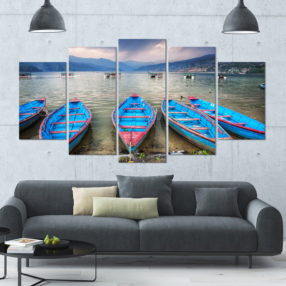 Row of Blue Boats in Pokhara Lake, Boat Canvas Art Print, 60"x32", 5 Panels