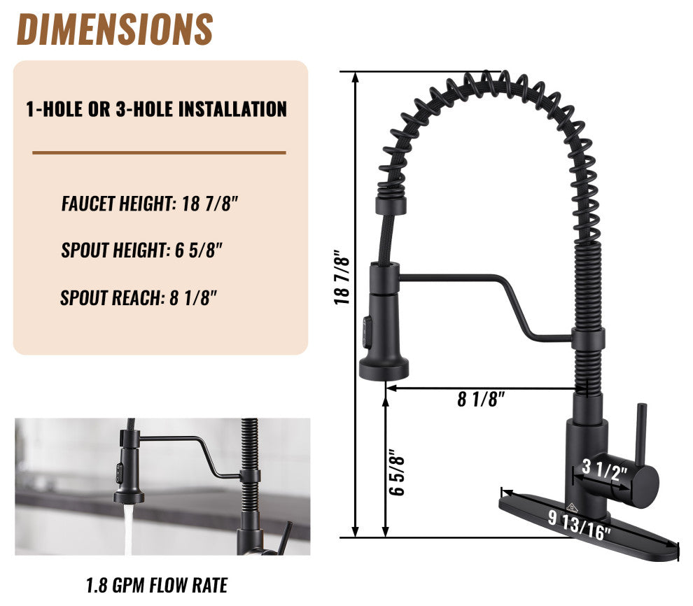 Single Handle Kitchen Faucet 1.8 GPM with Pull Down with Three Functions, Matte Black