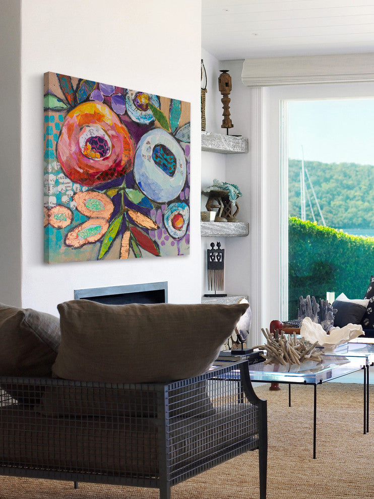 "Plastered Flowers" Painting Print on Wrapped Canvas, 24x24