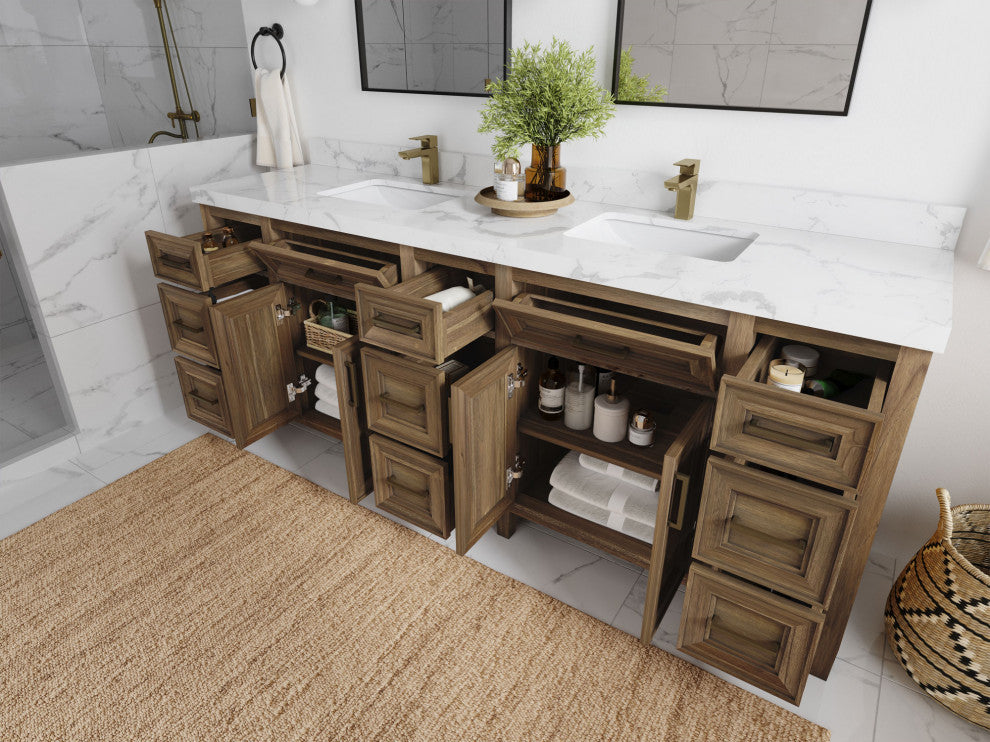 Santa Monica 84 Double Sink Bath Vanity in Graywashed Teak 2" Calacatta Nuvo
