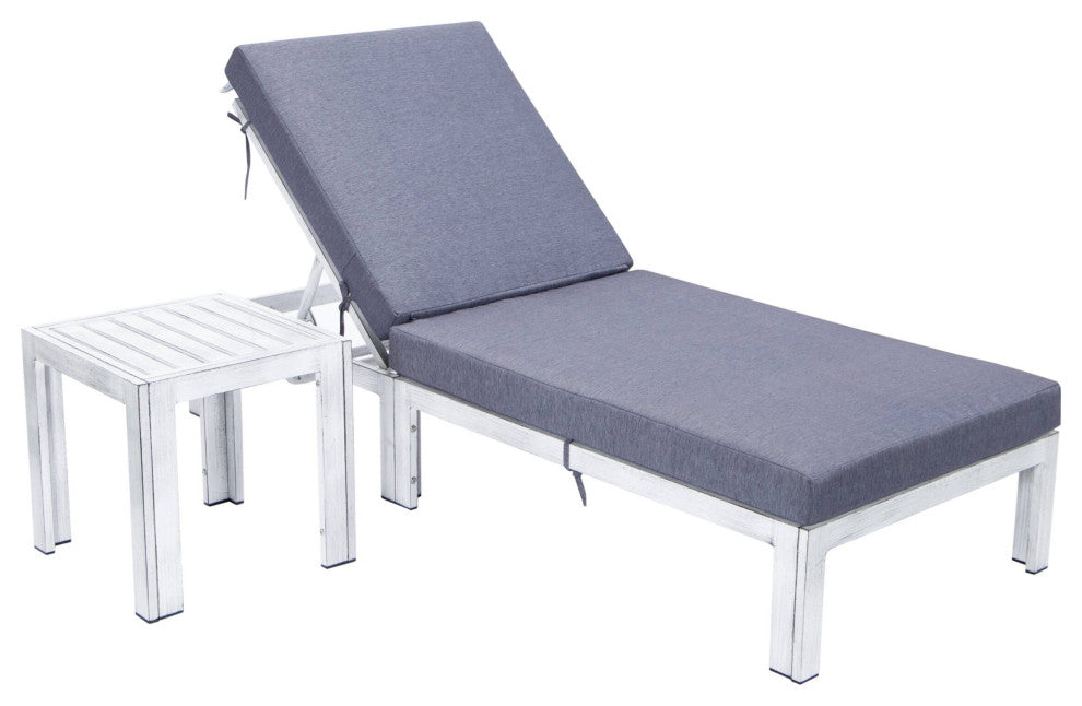 LeisureMod Chelsea Weathered Gray Chaise Lounge and Side Table, Blue