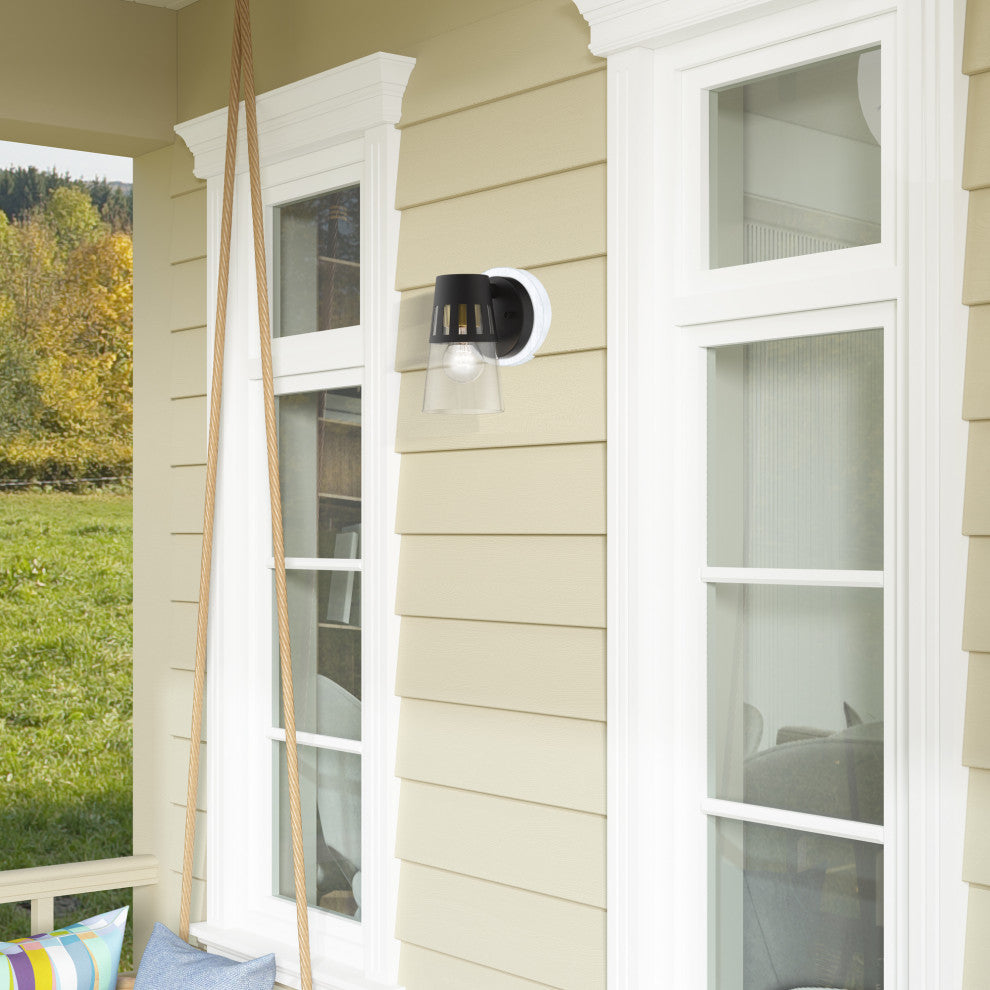 Covington 1-Light Black Outdoor Small Wall Lantern, Soft Gold Accents