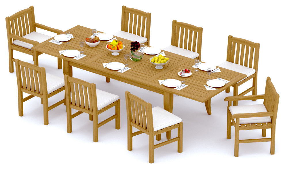 9-Piece Outdoor Teak Set: 122" X-Large Rectangle Extension Table, 8 Devon Chairs
