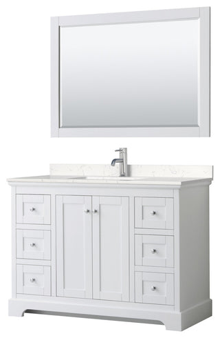 Avery 48, Single Vanity, White, Light-Vein Marble Top, SQ Sink, 46, Mirror