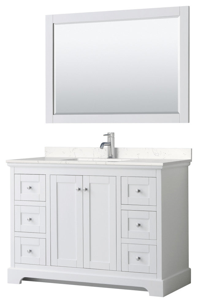 Avery 48, Single Vanity, White, Light-Vein Marble Top, SQ Sink, 46, Mirror