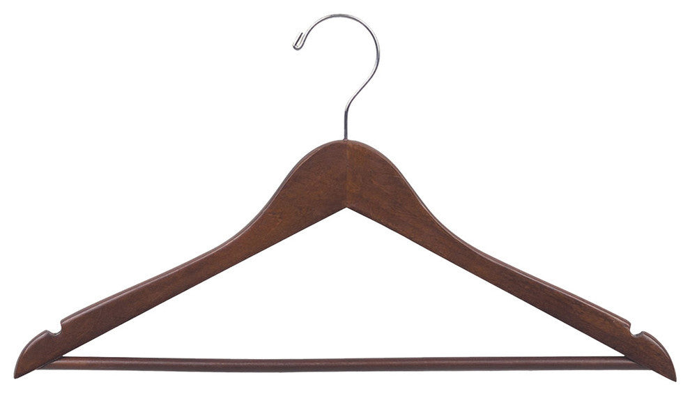 Rubberized Wood Suit Hanger With Bar and Walnut Finish, Box of 50