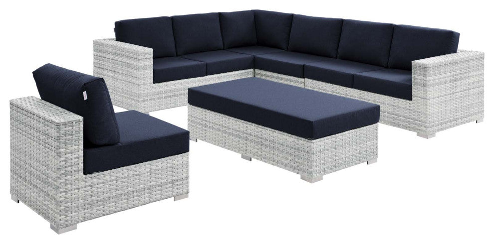 Lounge Sectional Sofa Chair Set, Rattan, Wicker, Gray Blue Navy, Outdoor