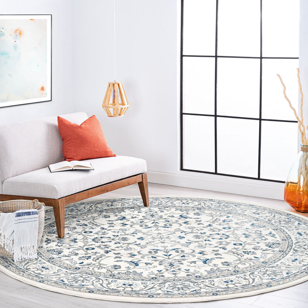 Tessie Traditional Floral Cream Round Area Rug, 5'' Round