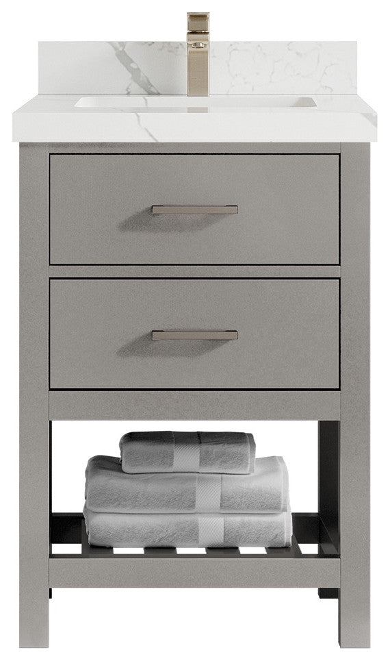 Parker 24" Single Sink Bath Vanity, Elephant Skin Gray 2" Calacatta Laza