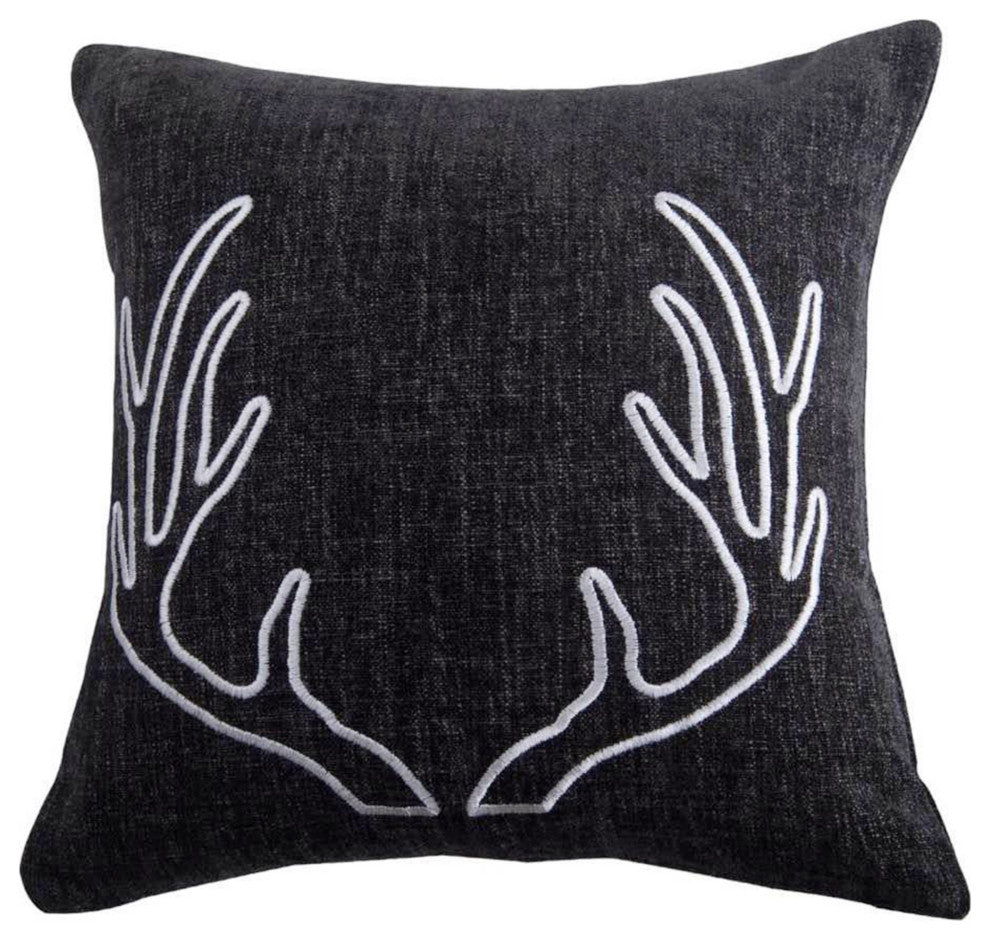 Hamilton Gray Chenille Pillow with Embroidered White Antlers, 18" x 18