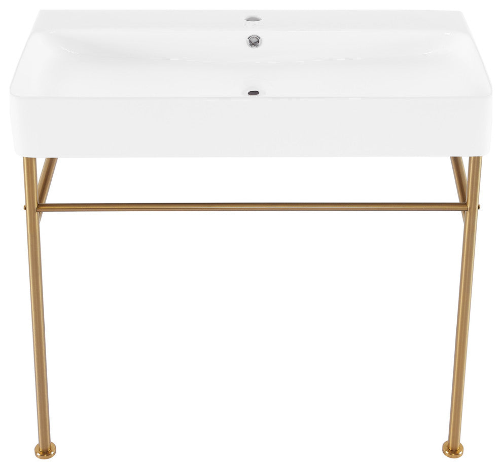 Carre 36" Ceramic Console Sink White Basin Gold Legs, Brushed Gold