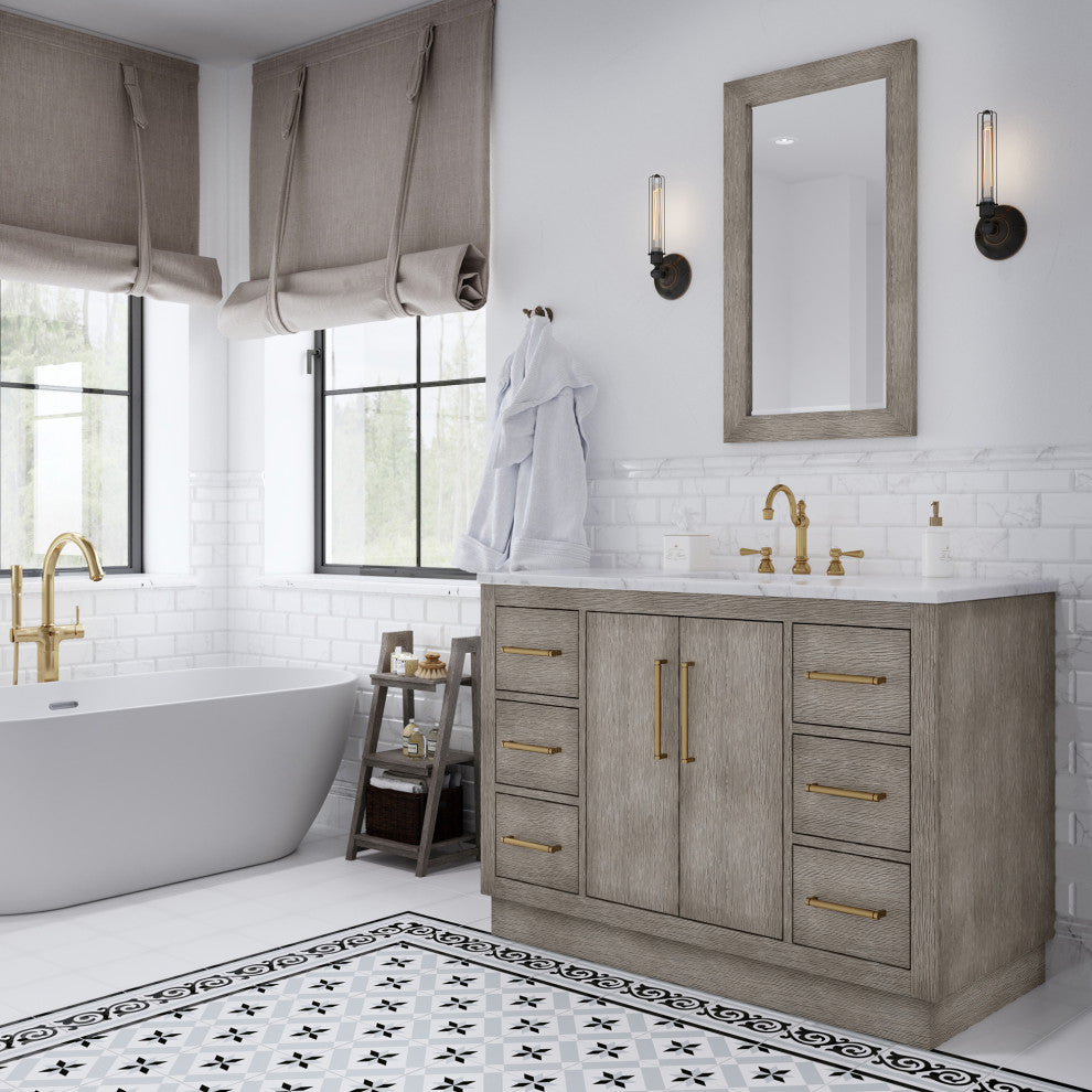 Hugo 48 Single Sink White Marble Vanity, Gray Oak With Hook Faucet and Mirror