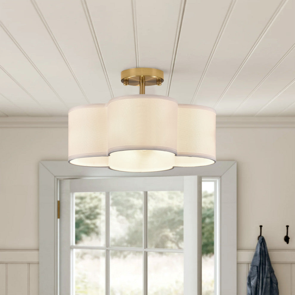 13 Inch 4-Light Semi-Flush Mount Off-White Fabric Drum Shade Ceiling Light