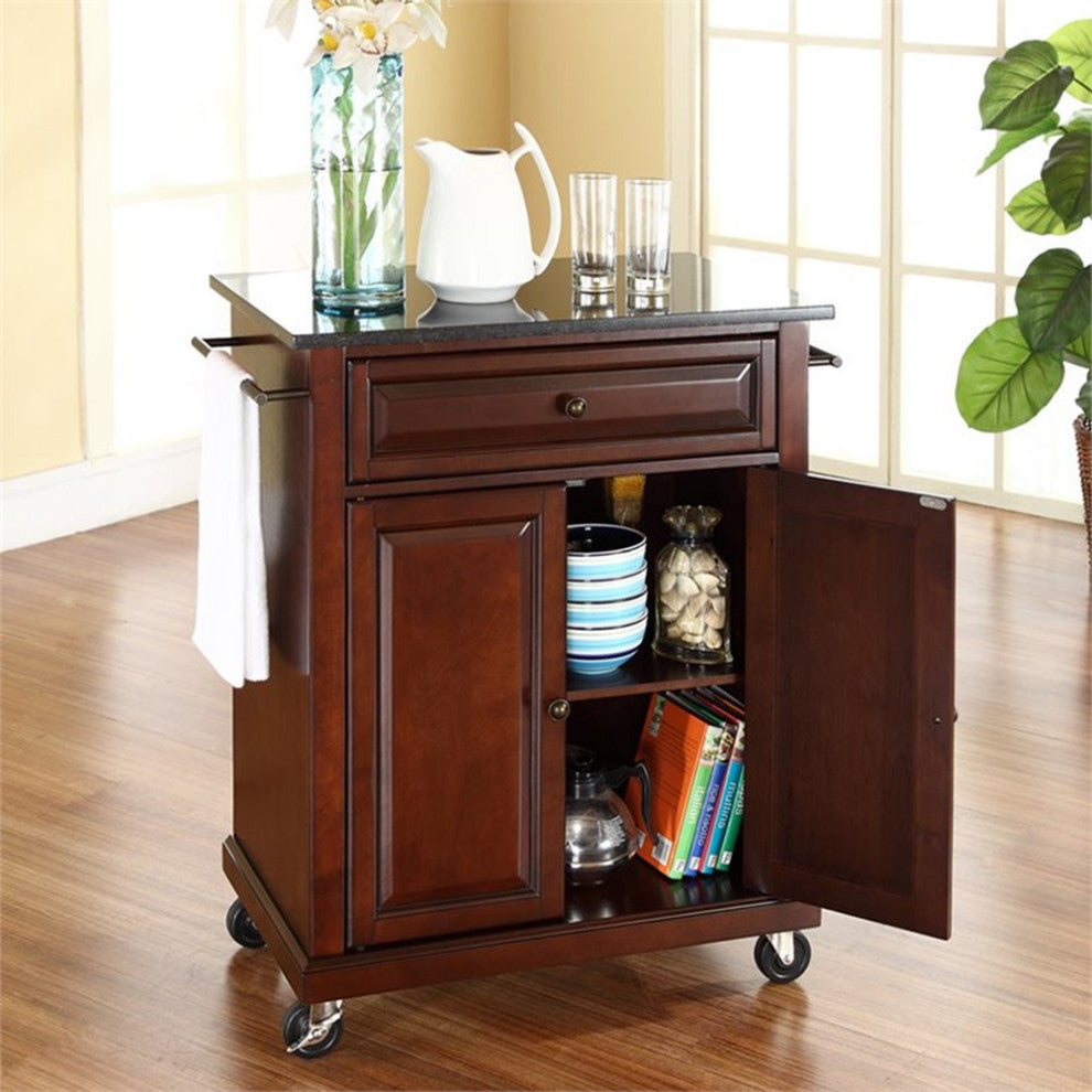 Catania Modern Black Granite Top Portable Kitchen Cart in Mahogany