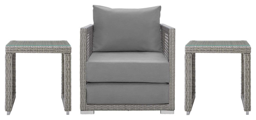 Modern Outdoor Patio Chair and Coffee Side Table Set, Rattan Fabric, Grey Gray
