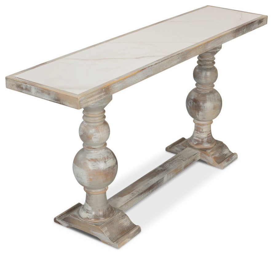 Double Pedestal Console Table Distressed White Solid Wood