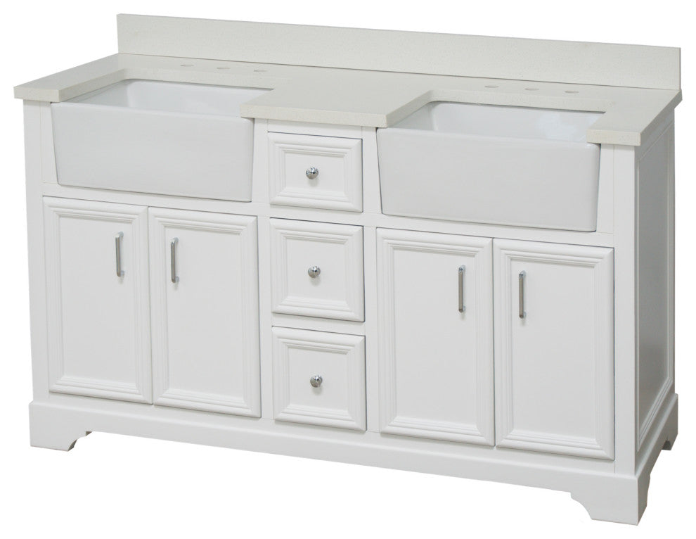 Zelda 60" Bathroom Vanity, White, Quartz, Double
