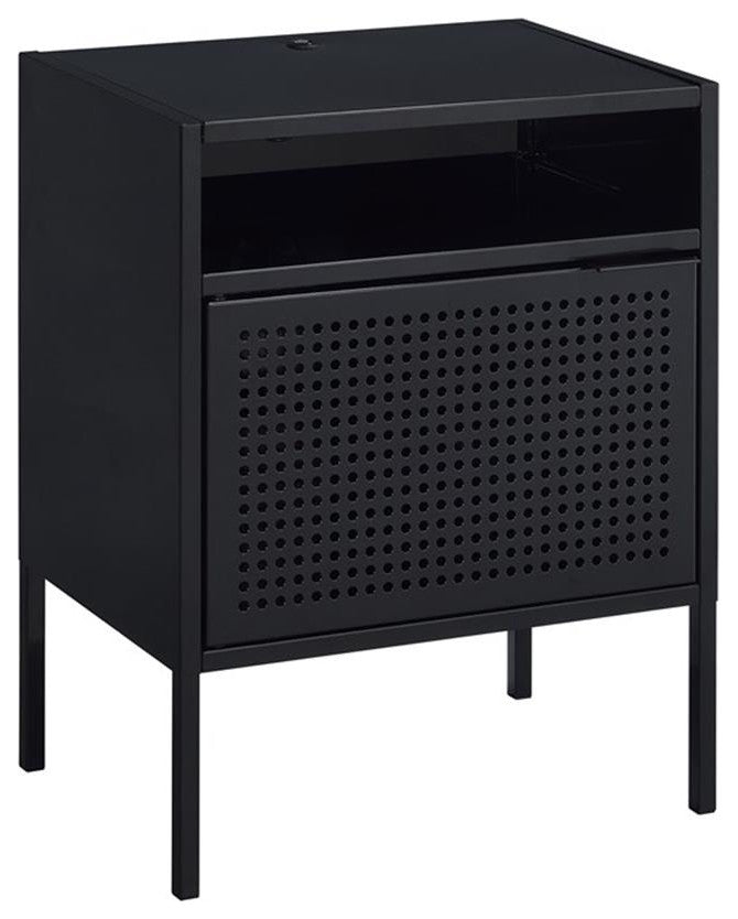 Bowery Hill Open Metal Shelf Nightstand with USB Port in Black