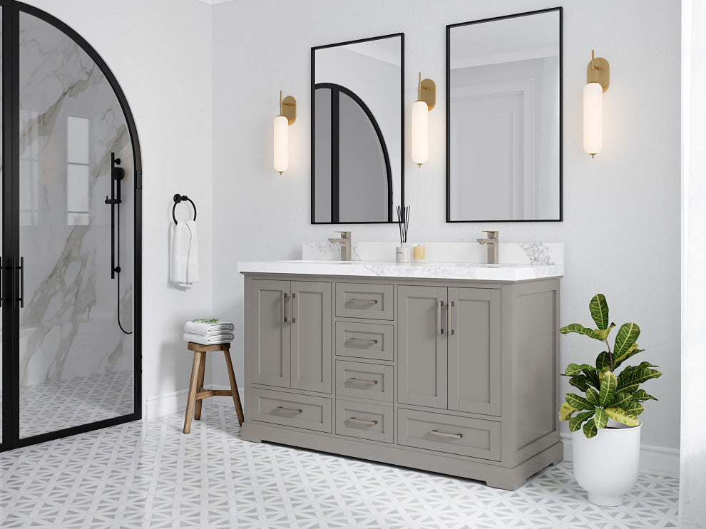 Boston 60 Double Bathroom Vanity in Elephant Skin Gray 2" Carrara Marble