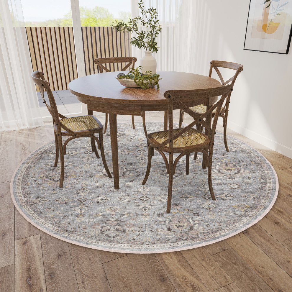 Indoor/Outdoor Marbella MB4 Silver Machine Washable 6' x 6' Round Rug
