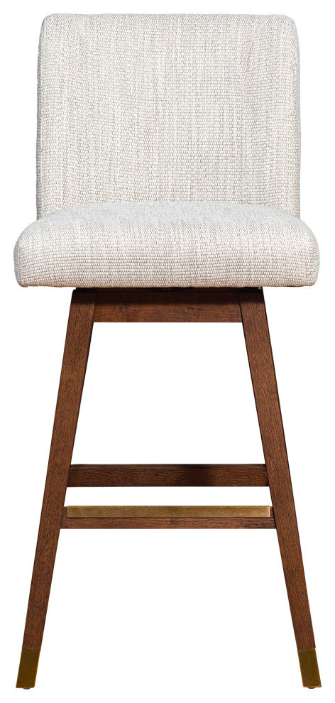 Basila Swivel Bar Stool in Brown Oak Wood Finish with Beige Fabric