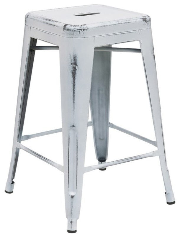 24" High Backless Distressed White Metal Indoor-Outdoor Counter Stool