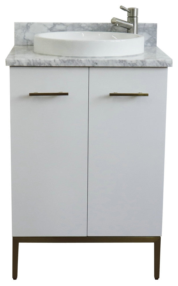25" Single Sink Vanity, White Finish With White Carrara Marble And Round Sink