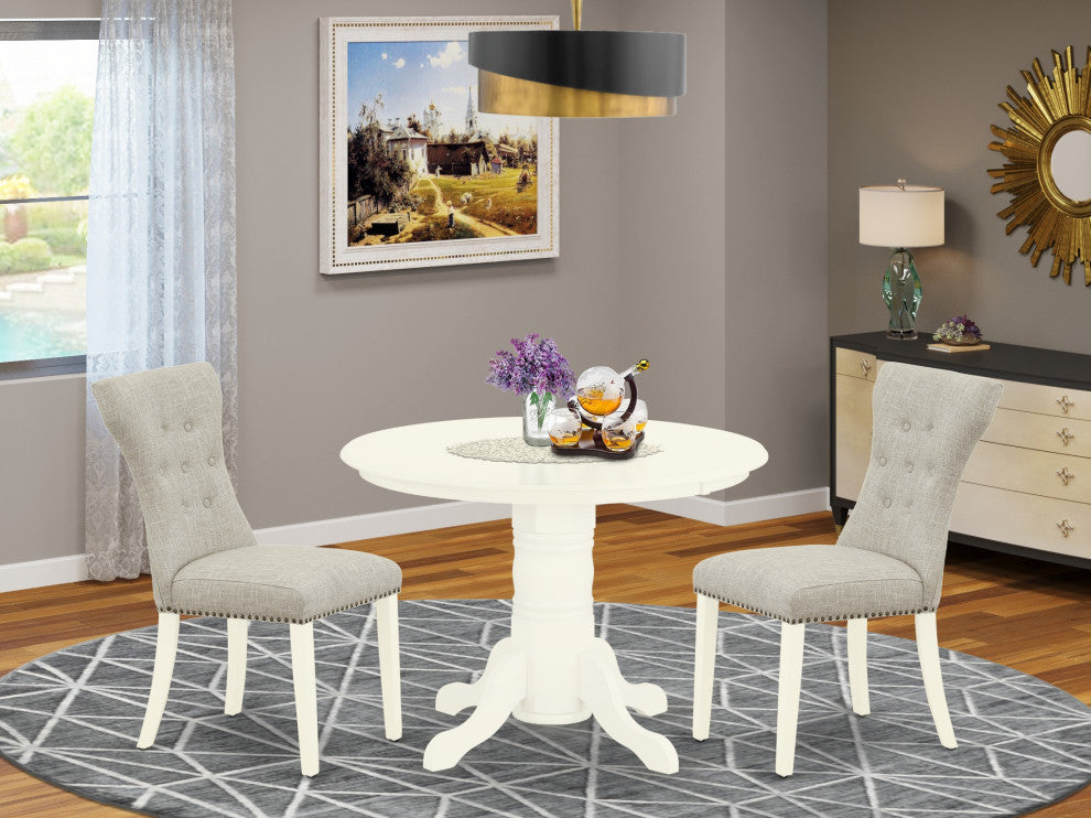 3Pc Kitchen Set, Round Dinner Table, 2 Chairs, Doeskin Chairs Seat, Linen White