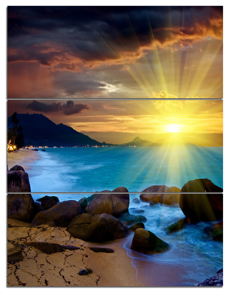 "Bright Yellow Sun Over Blue Waters" Beach Metal Wall Art, 3 Panels, 28"x36"