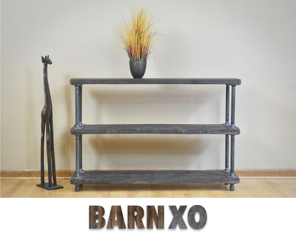 Reclaimed Wood 3 Tier Shelf Unit, Industrial Pipe Legs, 12x48x35, Dark Walnut