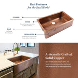 Adams Copper 36" Double Bowl Farmhouse Apron Front Undermount Kitchen Sink