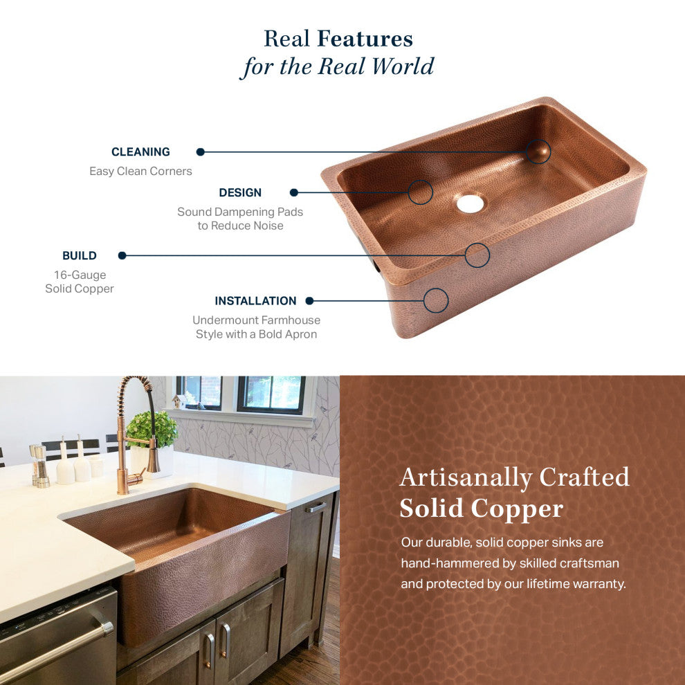 Adams Copper 36" Double Bowl Farmhouse Apron Front Undermount Kitchen Sink