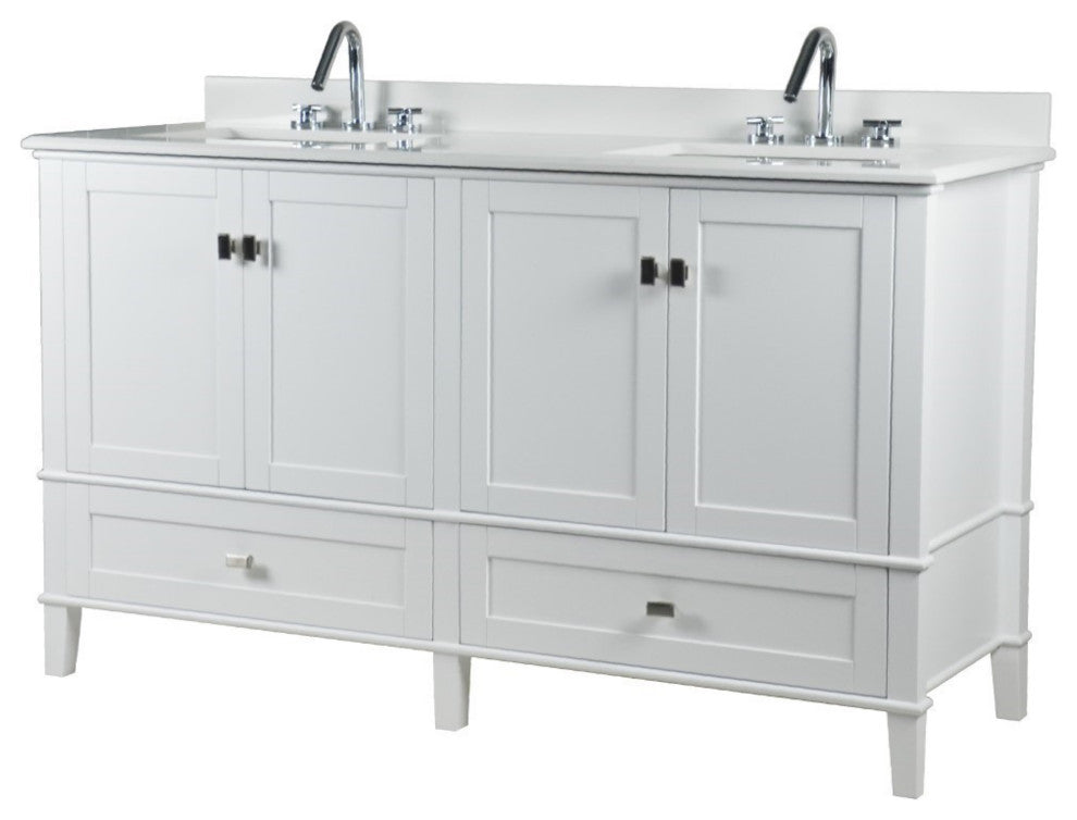 61" Double Vanity, White With Engineered Stone Top