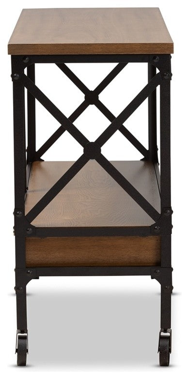 Industrial Style Wood and Dark Bronze Wheeled Console Table With Drawers