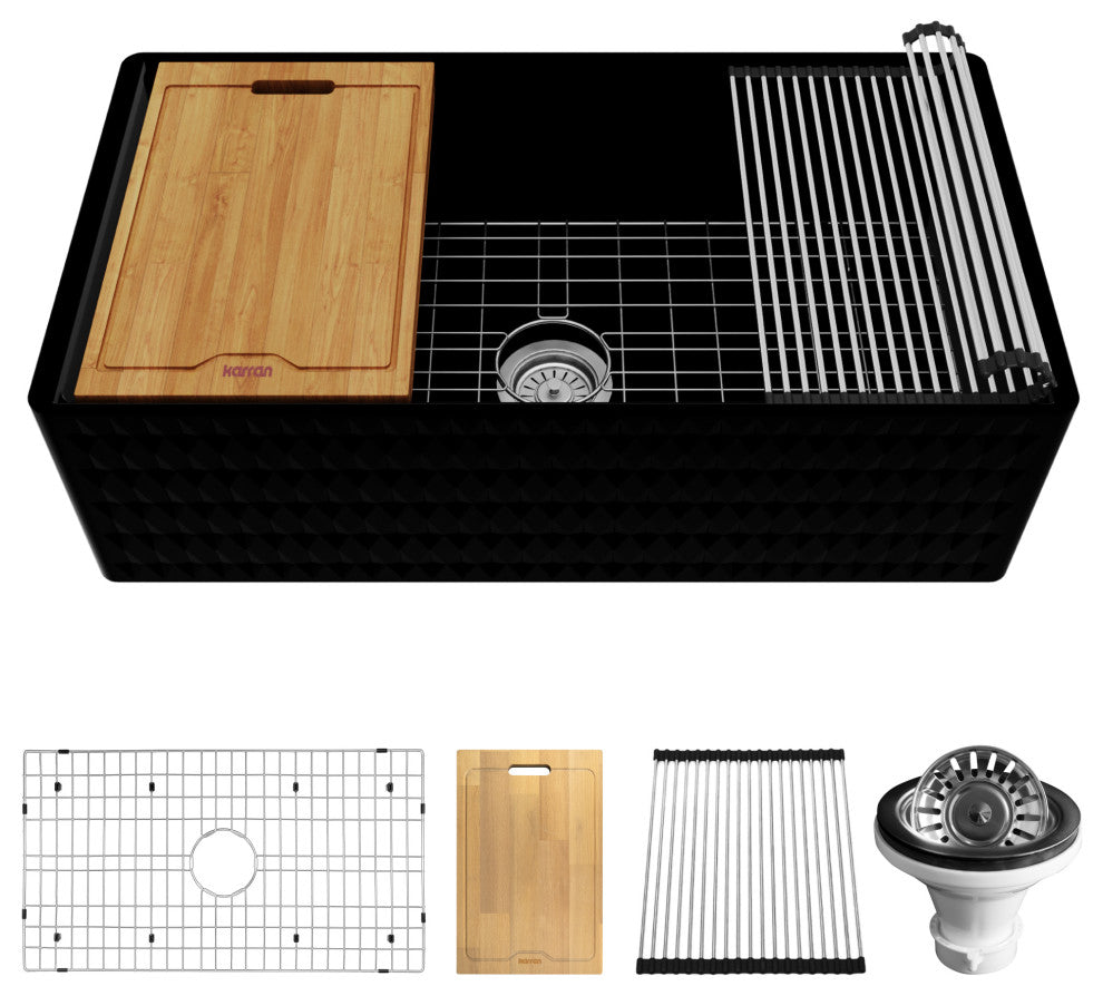 Karran 33 in. Single Bowl Workstation Fireclay Sink with Reversible Apron, Matte Black