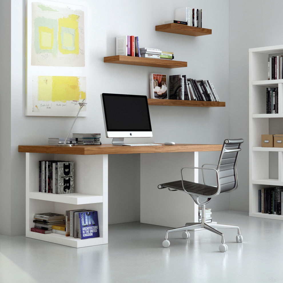 Contemporary Home Office Desk White Shelf Legs, Oak Top/White Legs