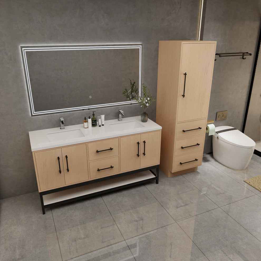 Victoria 60'' Solid Wood Open Shelf Bath Vanity Double Sink, Yellow Oak