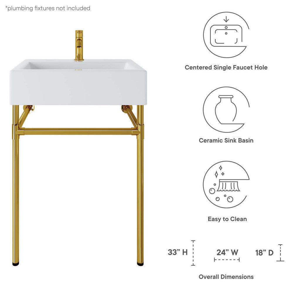 Sink Vanity, Wall Mount, White Gold, Ceramic, Stainless, Modern, Bathroom