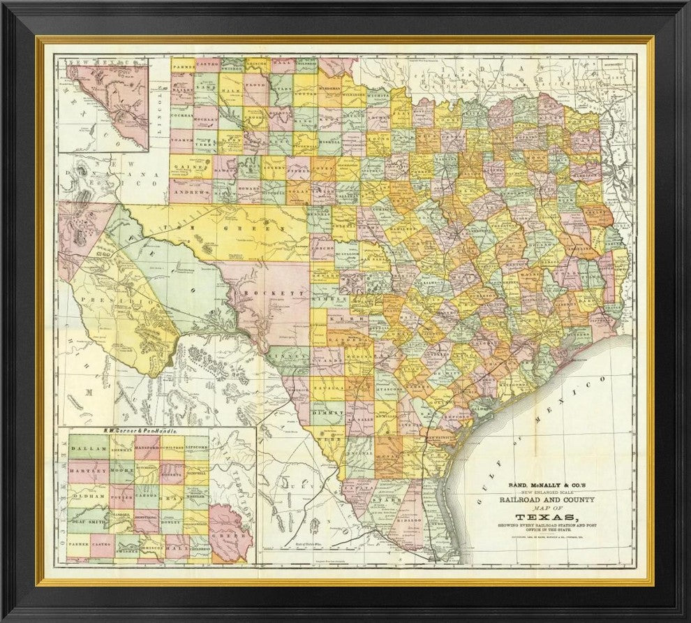 "Railroad And County Map Of Texas, 1882" Framed Canvas Giclee by Unknown, 34x31"